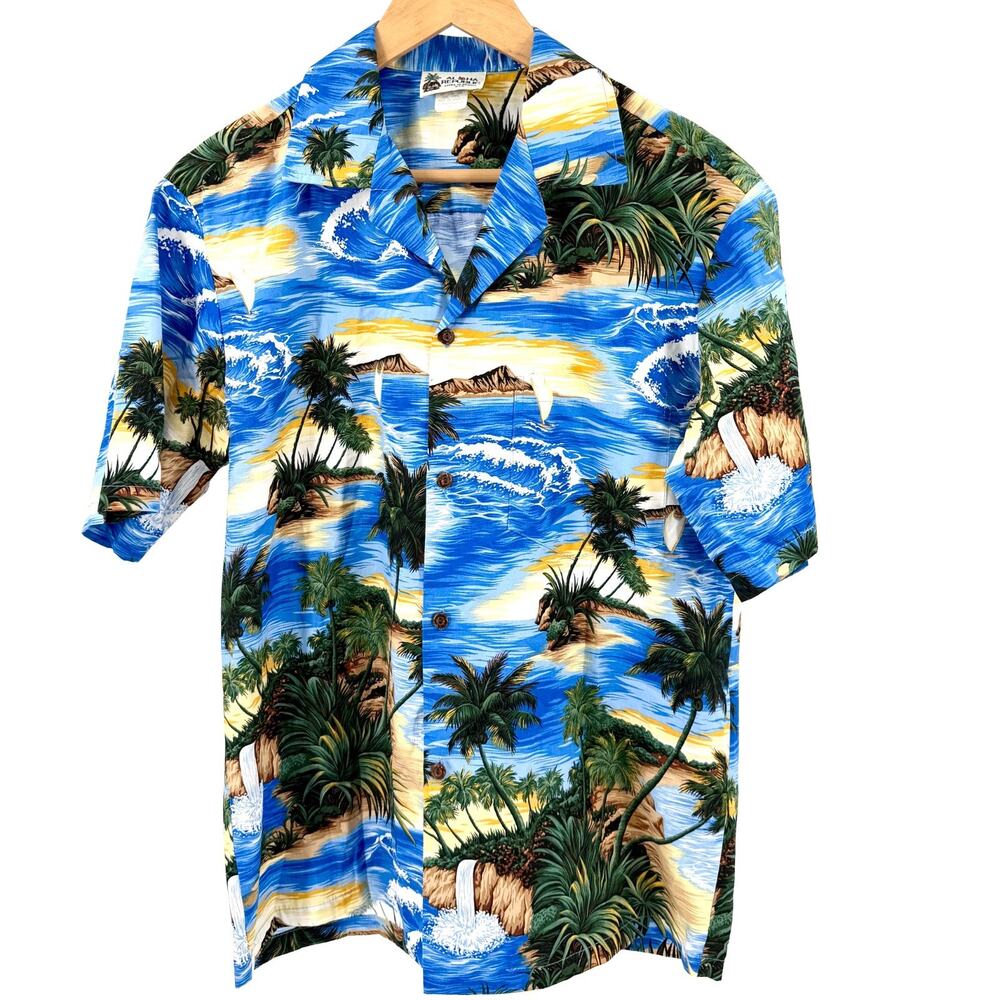 Vintage 90s Aloha Republic Blue 100% Cotton Tropical Hawaiian Shirt